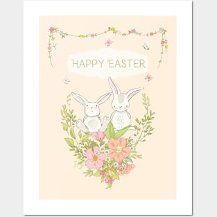 Happy Easter Bunnys 2021 - Cute Floral Easter Greetings - Whimsical Art Posters and Art